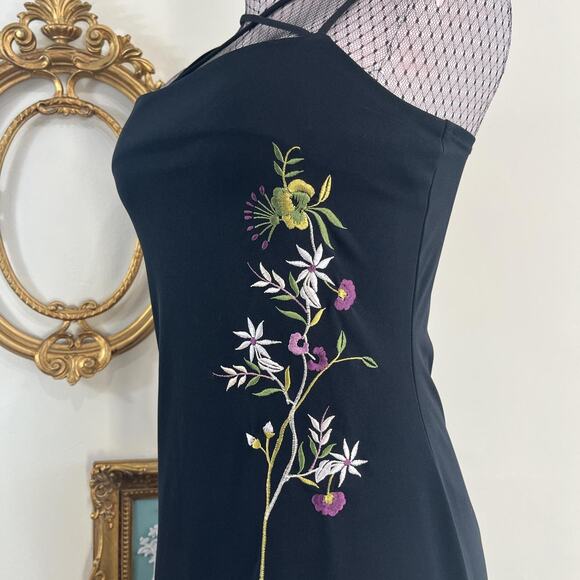 Vintage Y2K Krizia D Black Floral Embroidered Halter Maxi Dress Side Slits - Picture 3 of 8
